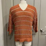 Chico’s Shine Striped Charlotte Pullover Sweater Andean Orange Sz 3 Metallic