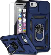 for iPhone SE (3rd and 2nd gen) 2022 and iPhone 8/7/6 Case with Camera Lens Cover HD Screen Protector, Military Grade Drop Protection Magnetic Ring Holder Kickstand Protective Phone Case (Navy Blue)