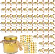 60Pcs Mini Glass Honey Jars 1.5Oz Hexagon Small Honey Jars in Bulk with Wooden D