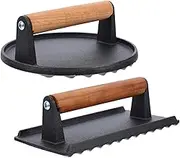GALPADA 2pcs Heavy-Duty Cast Iron Meat Press Bacon and Burger Press with Wooden Handle for Grilling BBQ and Cooking Meat Patties