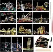Scratch Art Paper, Rainbow Night View Scratchboard Pads for Adults and Kids, Mini Envelope Postcard Art & Crafts Set: 12 Sheets Scratch Cards & Scratch Drawing Pen, Brush 7.9"x5.5" (Building series)
