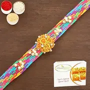 Ghasitaram Gifts Rakhi for Brother Rakhis Online - RM594 - Blue Thread Bracelet Rakhi with 400 GMS of Besan Barfi