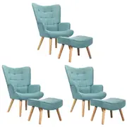 Oikiture 3x Armchair Lounge Chair Ottoman Accent Armchairs Fabric Sofa Blue