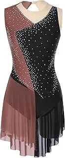 [Manyakai] Women Figure Skating Dance Dress Sparkly Rhinestones Color Block Sleeveless Gymnastic Leotard