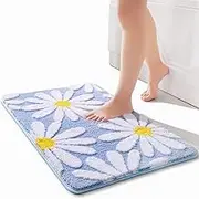 Blue Bathroom Rugs Cute Daisy Bath Mat White and Yellow Flower Decor Rug Non Slip Floor Carpet Microfiber Bathmat Super Absorbent Machine Washable Bahtub Mats for Shower, Tub, Bedroom 20"x 32"