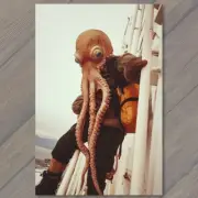 FLATCARD Octopus in Lifejacket on Boat Weird Strange Unusual Tentacles Fun