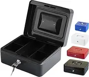 Vivva Steel Cash Box with Key Lock, Metal Small Money Organizer with Money Tray, Cash Storage Box with Lockable Cover, Cash Drawer(Black, 15x12x8cm)