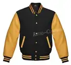 Letterman Bomber Varsity Jacket Black Wool and Genuine Gold Leather Sleeves