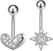 [Niaspi] 2Pcs 14G CZ Star Heart Belly Button Rings Studs for Women Hypoallergenic Stainless Steel Belly Navel Rings 3/8 Inch Navel Piercing Barbell Simple Body Piercing Jewelry