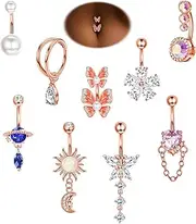 [ZELORES] 9Pcs 14G Belly Button Rings for Women Surgical Stainless Steel Belly Rings Cute Navel Rings Butterfly Flower Heart Double Hoop Dangle Belly Button Ring Set Rose Gold Belly Button Piercing