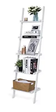 Ladder Shelf 5-Tier Bookshelf –Bamboo Storage Rack Shelves Wall Leaning White