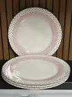 Set~4 Grace Teaware 10.5" Pink Stripe Gold Dots Fine Porcelain Dinner Plates NEW