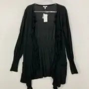 New Cache Large Black Open Front Draped Ruffle Lightweight Cardigan