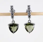 Faceted Moldavite 8 mm Trillion Cut with Cubic Zirconia 925 Stud Earrings w COA