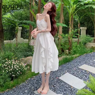 女神長洋裝2023夏季新款細肩帶無袖露背白洋裝彈力鬆緊傘裙禮服