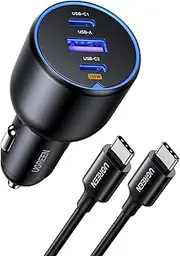 UGREEN 130W Laptop USB C Car Charger Fast Charging, 3 Ports Cigarette Lighter Adapter, PD3.0/QC4.0/PPS 45W, LED Light, Compatible with MacBook, iPad, iPhone 16, Galaxy S25 S24, with a 100W USB C Cable