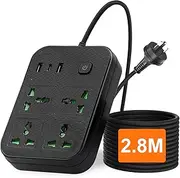 7 in 1 Universal Power Strip with USB, Extension 2.8M Cord with 4 Wide AC Outlets and 3USB Ports(1USB C), 2500W Powerboard, Surge Protector for Home Office (Black)