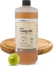 Gilly’s Pure Tung Oil 1 Litre | Seals & Protects, Food Safe for Non-Toxic Application, Indoor/Outdoor Furniture, Timber, Woodworking & Kitchen Surfaces | Natural, No Additives or Petrochemicals