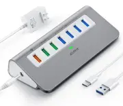 Powered USB-C 7-Port Hub, USB 3.2 Gen 2 Adapter - 4x 10Gbps Data, 3x 3.3ft Ch...