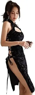 [ZHER-LU] Women's Sexy Perspective Cheongsam Standing Collar Hollow Print Chinese Classical Lingerie Side Slit Nightdress for Women Qipao Outfit