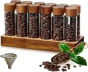 Single Dose Coffee Bean Storage 12 Tubes Multipurpose Portable Coffee Bean Container Cellar with Walnut Wood Display Stand and Funnel 2oz