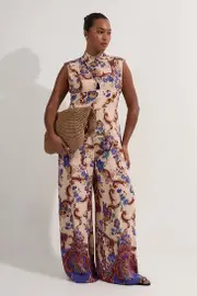 Plus Size Premium Viscose Linen Paisley Border Print Woven Jumpsuit