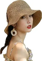 [Ｗoowayo] Summer Straw Hat Women Floppy Sun Hat Wide Brim Beach Straw Hat with Bow for Women Summer Supply Light Coffee, Summer Hat