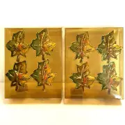 Set of 8 Vintage Napkin Rings Leaf Shape Fall Colors Enamel Gold Toned Metal NOS