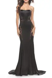 La Femme Liquid Jersey Gown with Mesh Strappy Side Panels in Black at Nordstrom, Size 8