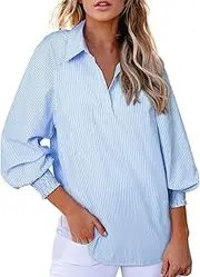 [Generic] Ladies Tshirts Long Sleeve Cuffed Shirts Long Sleeved Collared Blouse Tops with Pocket Plain Womens Dailywear T Shirts