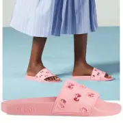 GUCCI SHOES GG RHOMBI LOGO CUT-OUT PINK RUBBER FLAT SLIDE SANDALS sz 39 9