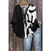 Women's Blouse Floral Graphic Geometric Bohemia Vintage Daily 3/4 Length Sleeve Flutter Sleeve V Neck Regular Tops Daily Holiday Vacation Wear Ruffle Print Bla