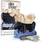 LokiStashed 3-Pack Velvet Hair Tie Scrunchies for Girls & Women, The Original Hidden Pocket Scrunchie with Zipper Pocket Storage, Accessories, Small Items, Keys, Money - Navy, Tan, Black Color