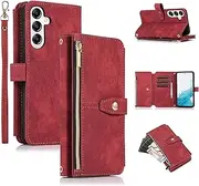 UEEBAI Wallet Case for Samsung Galaxy A56 5G, 9 Card Slots Retro Leather Wallet Shockproof Flip Cover with Hand Strap Card Slots Zipper Pocket Kickstand Handbag Magnetic Closure - Retro Red