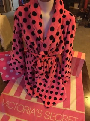 Victoria's Secret PINK XS Small Spa Robe, soft cozy plush black Polka Dots