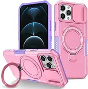 [Yarxiawin] for iPhone 15 Pro Max Case Magnetic with Stand Hidden Black Fits Wireless Charging, iPhone 15 Pro Max Phone Case with Camera Lens Protector Cover Shockproof Anti-Slip (Pink)