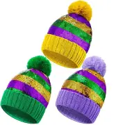 3 Pcs Sequin Mardi Gras Beanie Knit Hat with Pom Pom Purple Yellow Green for ...