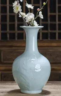 在飛比找Yahoo!奇摩拍賣優惠-7316A 日式 陶瓷荷花雕刻花瓶 青白瓷賞瓶陶瓷瓶 插花花
