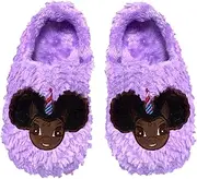 [YOUnicorn Kidz] Afro Puff Unicorn Princess Purple Plush Slipper - Dark Brown with Black Hair