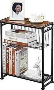 Small Side Table for Small Spaces - Slim End Table with Magazine Holder - 2 in 1 Design Narrow End Table Living Room - Skinny Bedside Table Nightstand Bedroom Thin Side Table, Rustic Brown