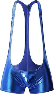 [Generic] Men's Sexy Faux Leather Wrestling Leotard Bodysuit Suspenders Backless Jockstrap One-Piece Patent Jumpsuits Underwear (Blue,Medium), Blue, Medium
