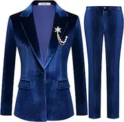 [Kelyaa] Women's 2 Piece Velvet Suit Notch Lapel One Button Slim Fit Business Party Wedding Tuxedo Blazer Pants Set