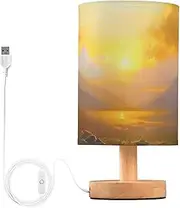 [ZRYSMY] Landscape Sunset Moutain Table Lamp with USB Port for Living Room Nightstand Lamp with Linen Fabric Shade Small Bedside Lamps for Bedroom, Dorm, Office (LED Bulb Included)