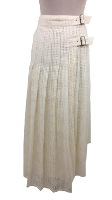 Jaeger Women's Skirt Size 14 Ivory Kilt Pleats Buckles Lace Geo A-line New F1