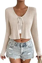 [Yesfashion] Womens Long Sleeve Tie Front Cardigan Rib Knit Shrug for Dress Sweaters Crop Tops