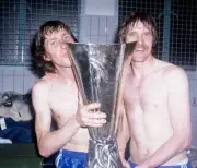 Arnold Muhren and Frans Thijssen of Ipswich Town holding the UEFA - Old Photo