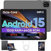 Android 15 Tablet 10.1 Inch Tablet, 12GB RAM + 64GB ROM + 1TB Expansion, 1280 x 800 HD Touchscreens, 6000 mAh Battery, WiFi 5, Bluetooth 5.0, 5MP + 8MP Dual Camera, GPS (Grey)