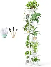 8 Tier 9 Potted White Plant Stand Indoor with Gardening Tools and Gloves, Tall Metal Corner Plant Shelf Organizer Outdoor, Multiple Flower Pot Holder Display Rack for Patio, Garden, Balcony, Living