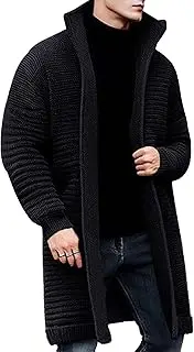 [Qolkmuiy-GJ] Mens Knit Long Open Front Cardigan Stand Collar Knitted Open Sweaters Winter Warm Long Sleeve Cardigans, Black, Large