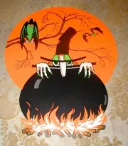 Vintage witch cauldron black bat vulture Halloween wall hanging decoration